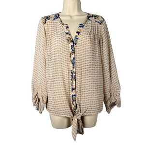 Democracy Blouse Womens Medium Tan‎ Turquoise Navy Floral Chiffon Tie Front Top